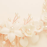 Ella Floral Ceramic Ivory Pearl Wedding Hair Comb / Rose Gold