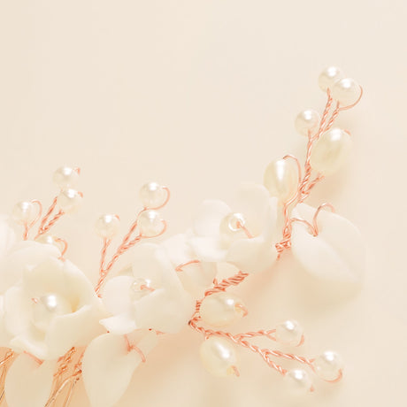 Ella Floral Ceramic Ivory Pearl Wedding Hair Comb / Rose Gold