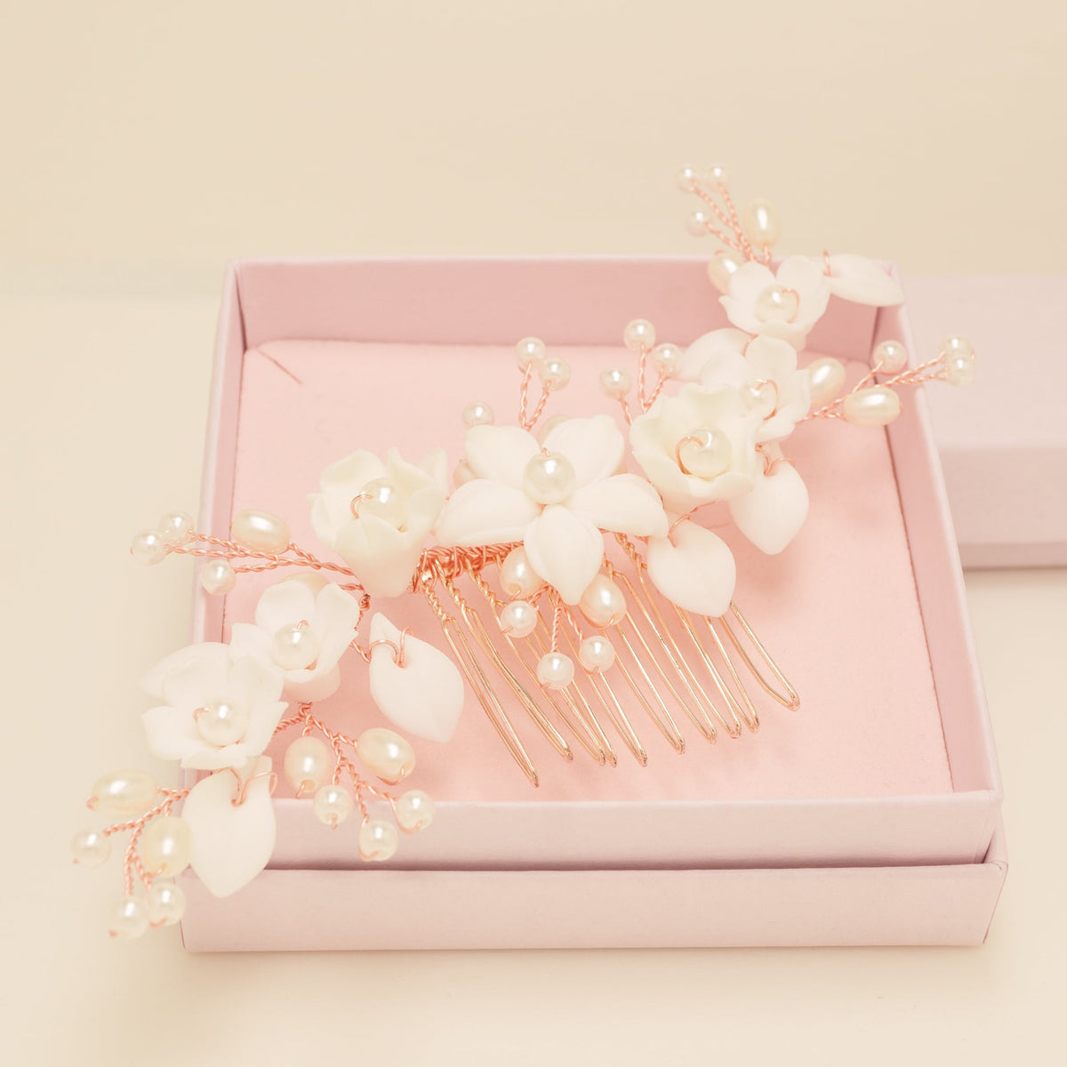 Ella Floral Ceramic Ivory Pearl Wedding Hair Comb / Rose Gold