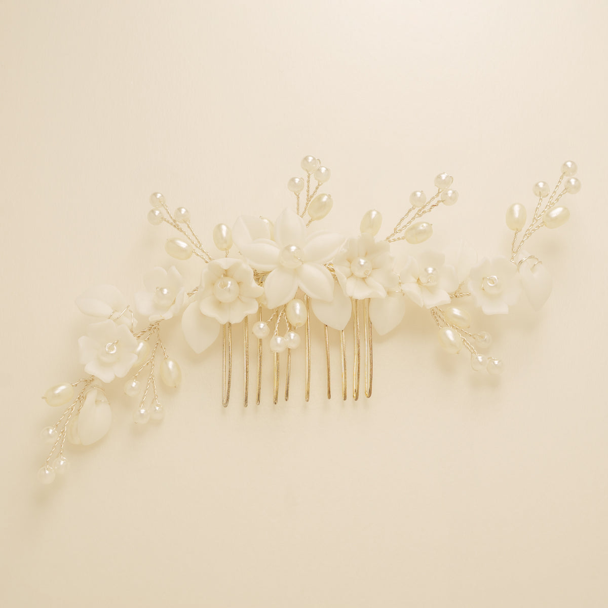 Ella Floral Ceramic Ivory Pearl Wedding Hair Comb / Silver