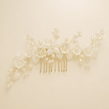 Ella Floral Ceramic Ivory Pearl Wedding Hair Comb / Silver