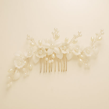 Ella Floral Ceramic Ivory Pearl Wedding Hair Comb / Silver