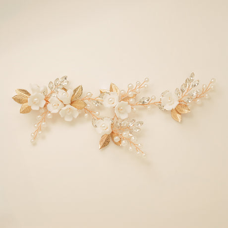 Kiki Crystal Pearl Leaves Flowers Wedding Hair Vine / Gold