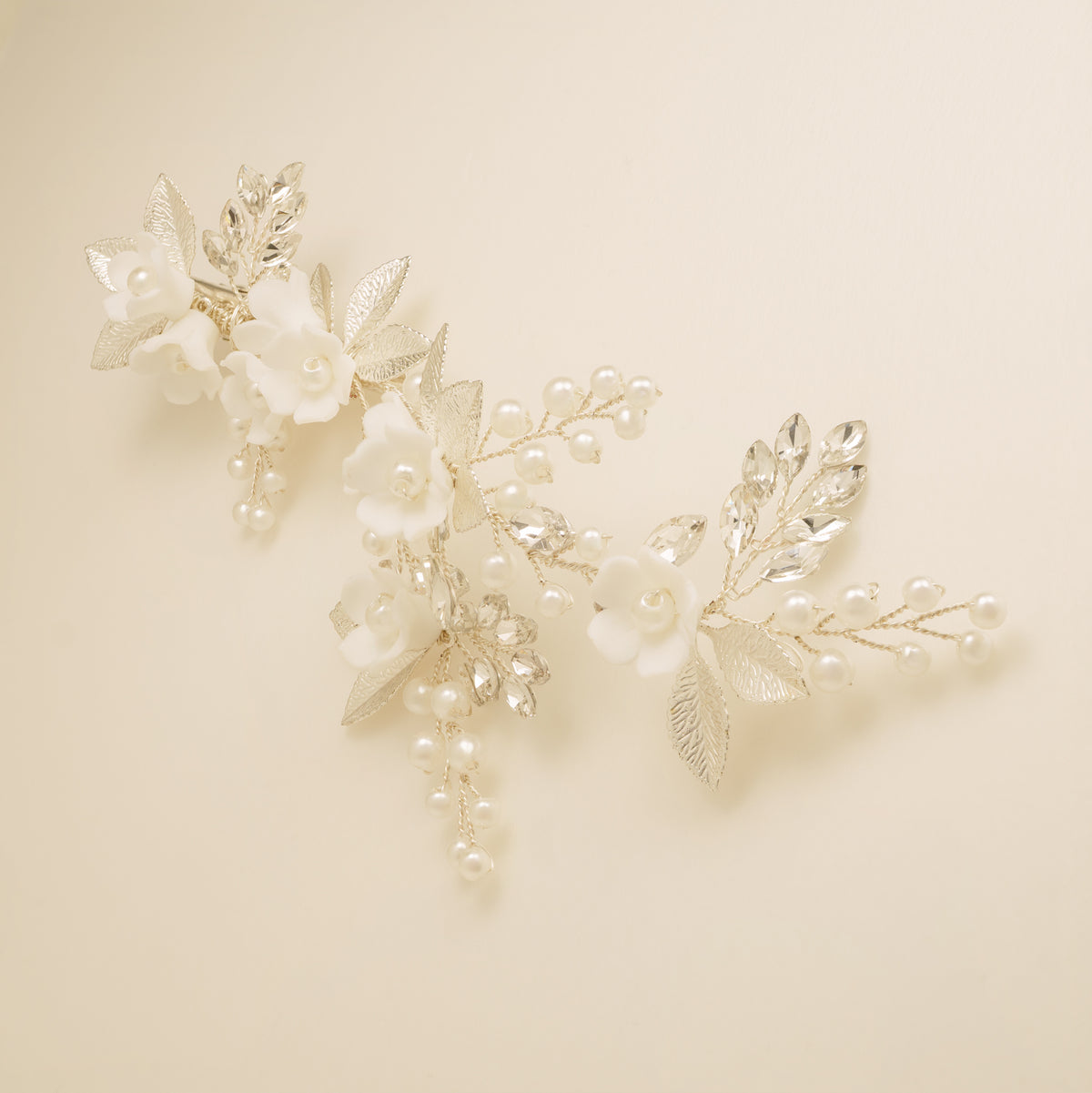 Kiki Crystal Pearl Leaves Flowers Wedding Hair Vine / Silver