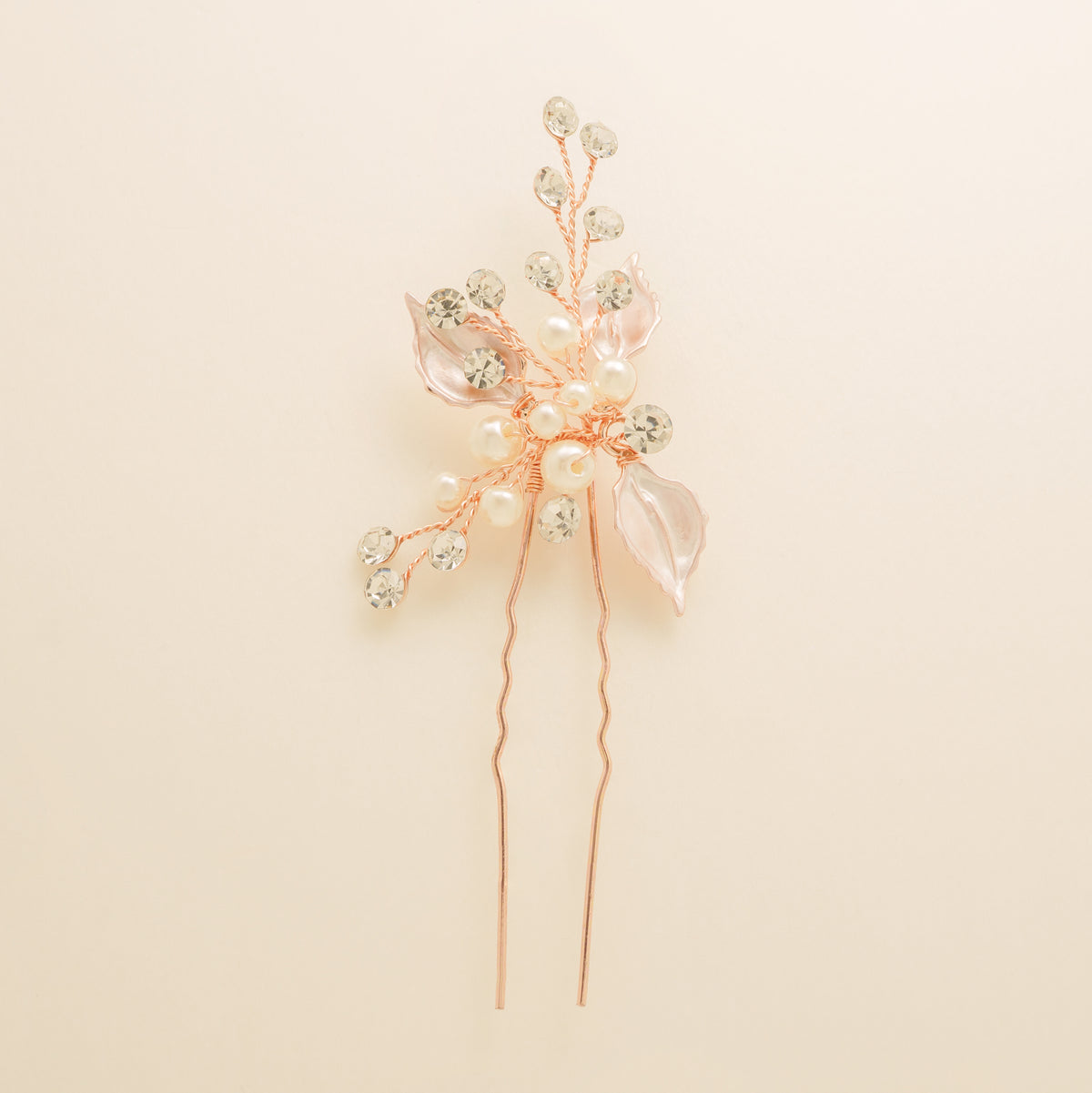 Millie Crystal and Pearl Wedding Hair Pin / Leaves / Rose Gold