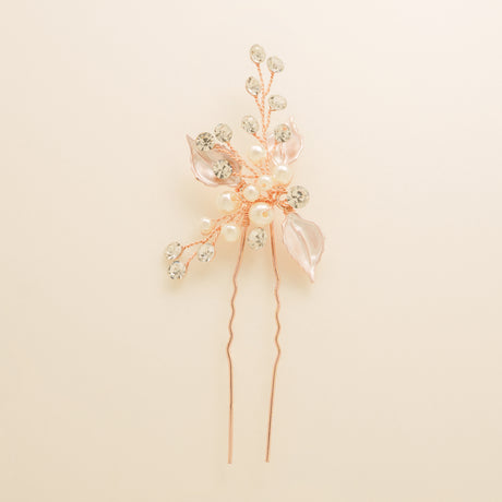 Millie Crystal and Pearl Wedding Hair Pin / Leaves / Rose Gold