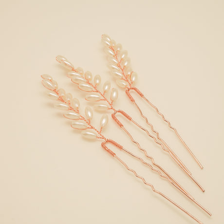 Pampas Style Pearl Sprigs Wedding Hair Pins / Rose Gold