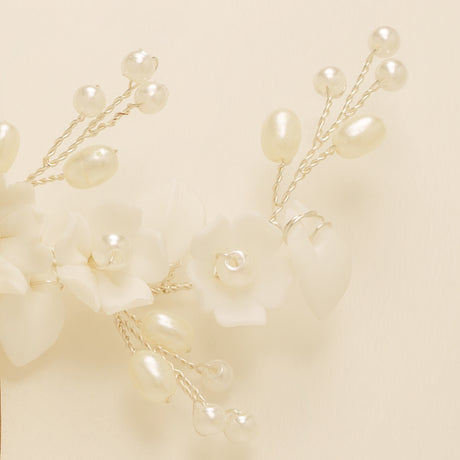 Ella Floral Ceramic Ivory Pearl Wedding Hair Comb / Silver