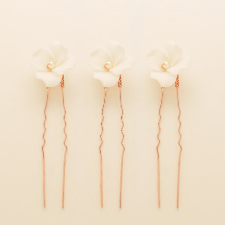 Fleur Ceramic Flower Pearl Wedding Hair Pins / Rose Gold