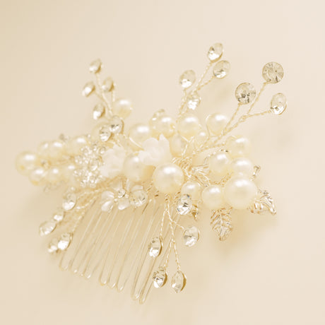 Gloria Leaves Pearl and Crystal Wedding Hair Comb / Silver
