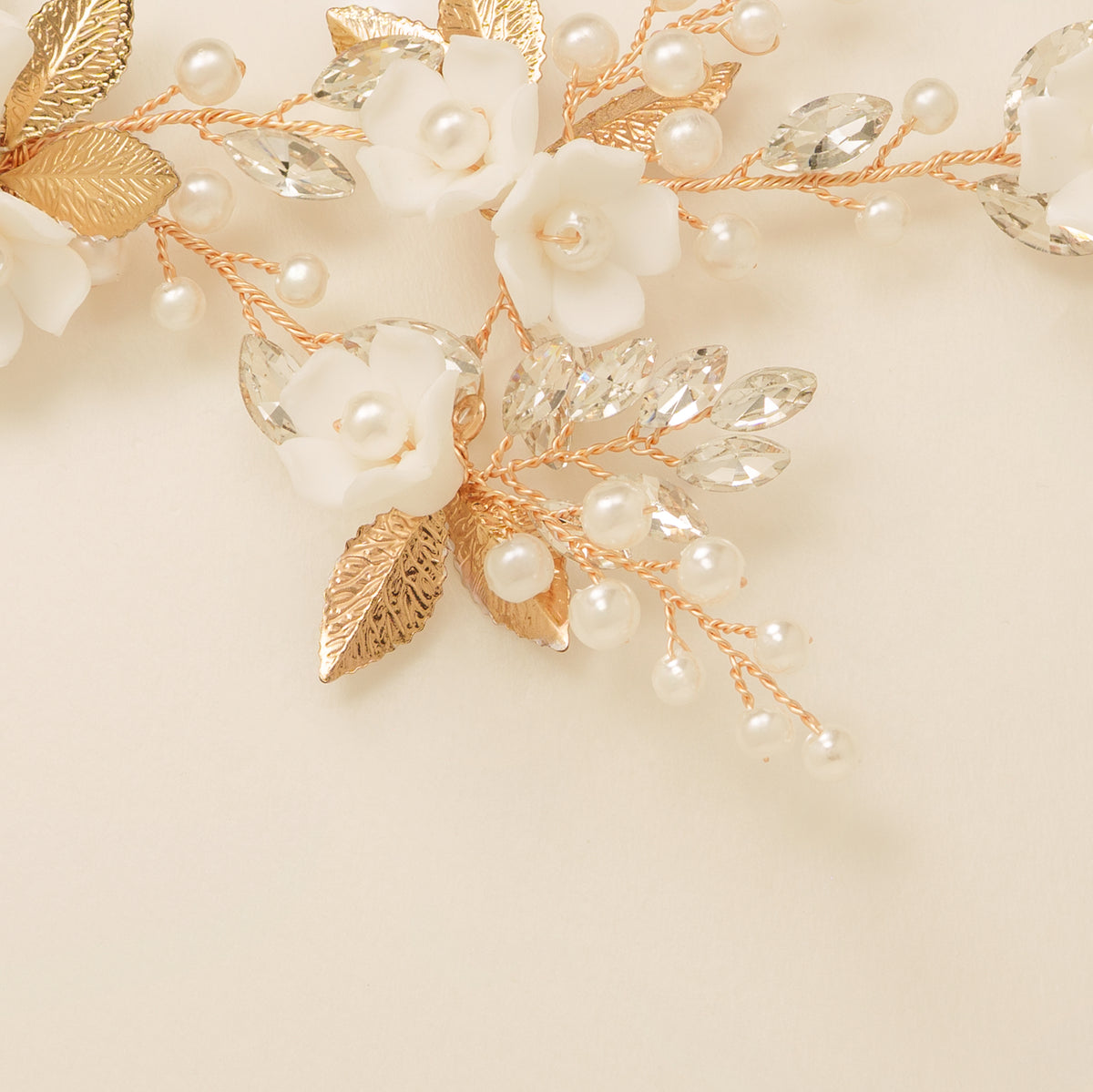 Kiki Crystal Pearl Leaves Flowers Wedding Hair Vine / Gold
