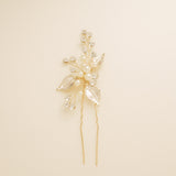 Millie Crystal and Pearl Wedding Hair Pin / Leaves / Gold