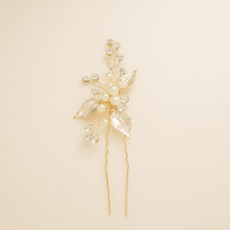 Millie Crystal and Pearl Wedding Hair Pin / Leaves / Gold