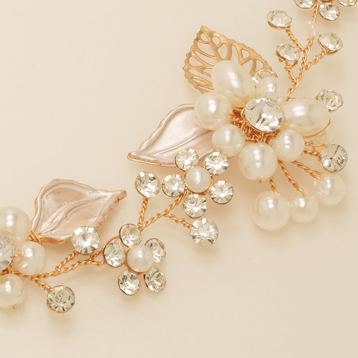 Vintage Leaves Pearls and Crystals Bridal Hair Vine / Gold
