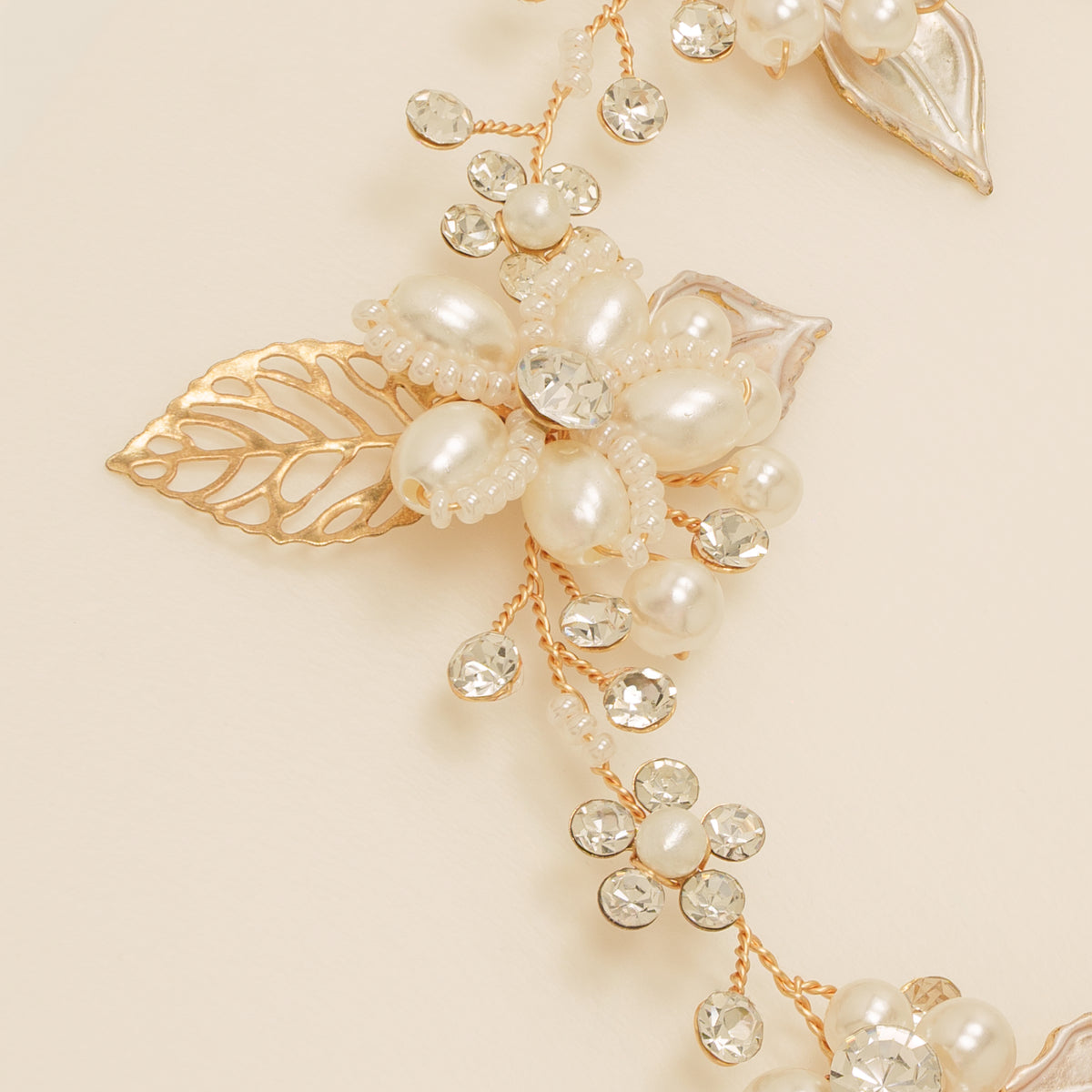 Vintage Leaves Pearls and Crystals Bridal Hair Vine / Gold