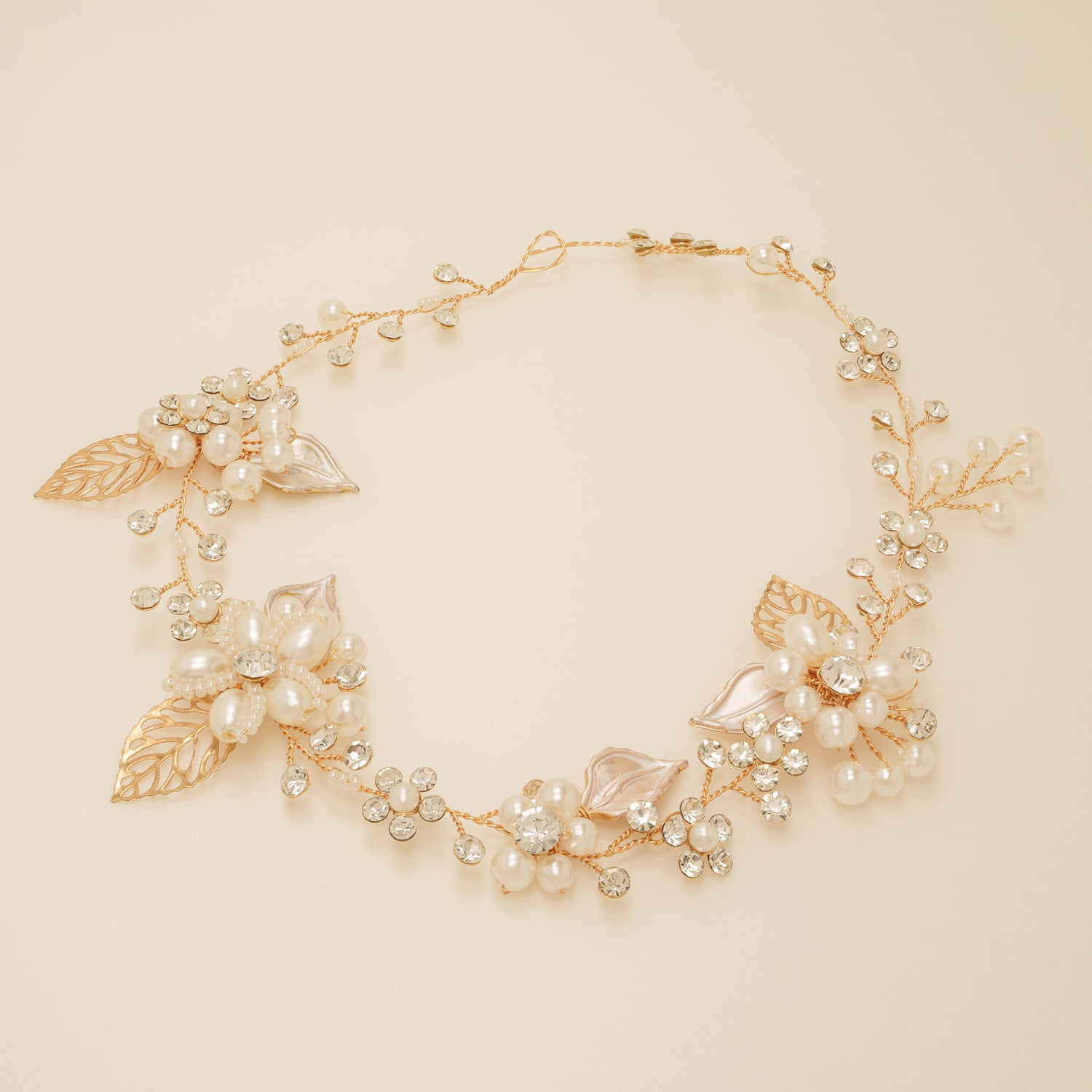 Vintage Leaves Pearls and Crystals Bridal Hair Vine / Gold