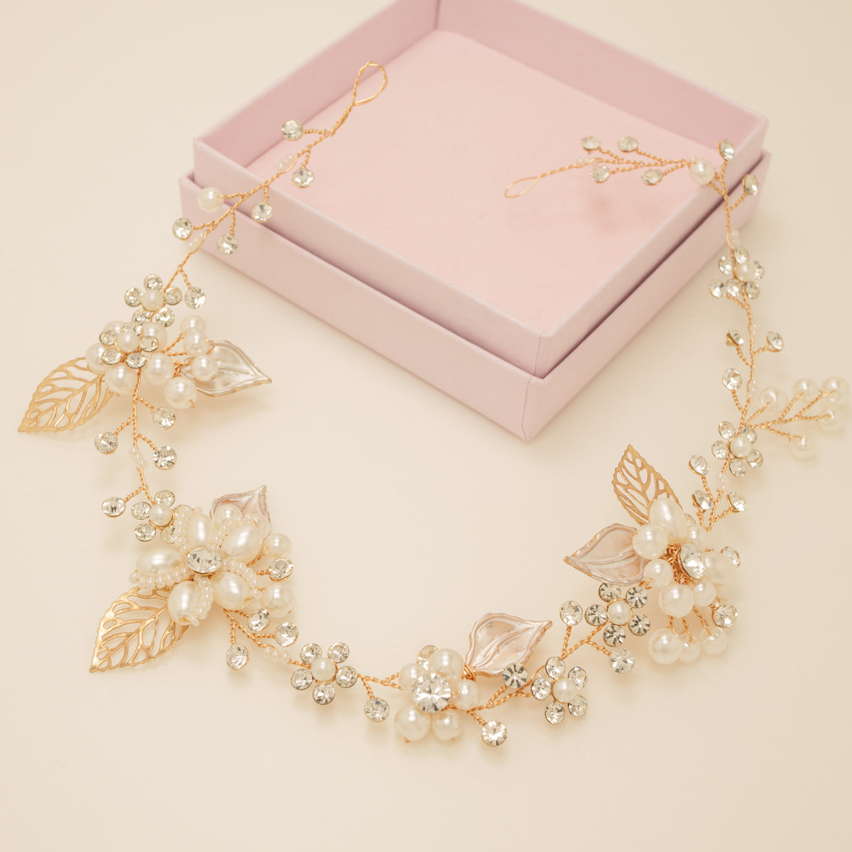 Vintage Leaves Pearls and Crystals Bridal Hair Vine / Gold