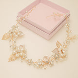 Vintage Leaves Pearls and Crystals Bridal Hair Vine / Gold