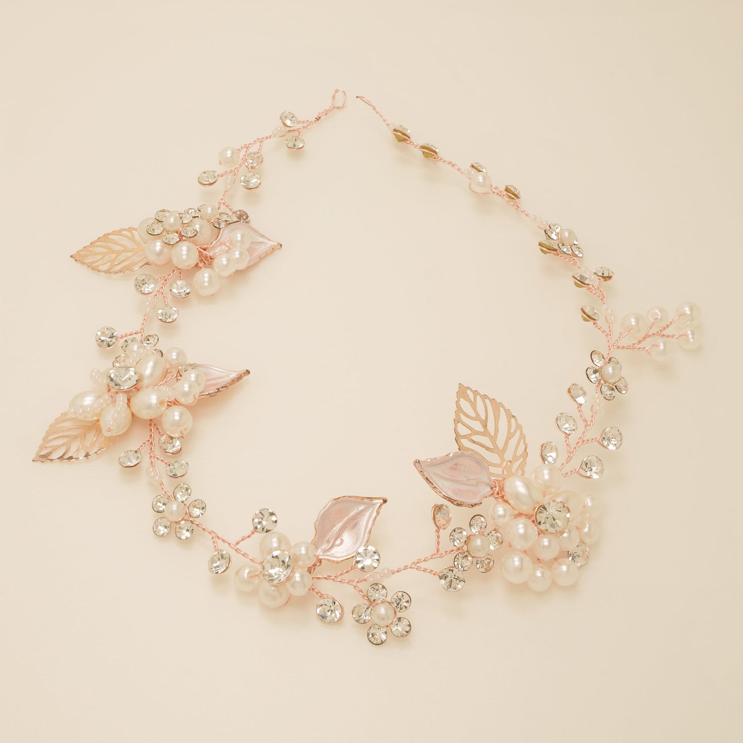 Vintage Leaves Pearls and Crystals Bridal Hair Vine / Rose Gold