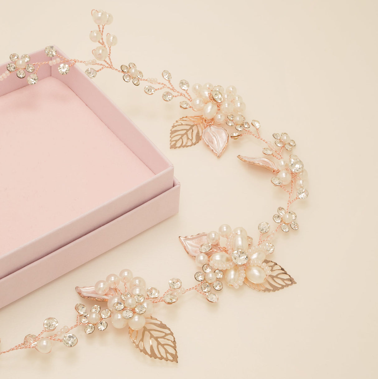 Vintage Leaves Pearls and Crystals Bridal Hair Vine / Rose Gold