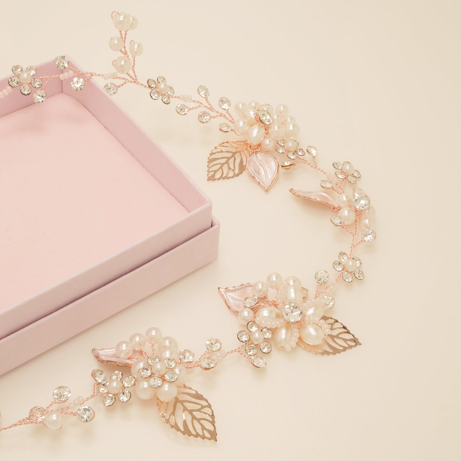 Vintage Leaves Pearls and Crystals Bridal Hair Vine / Rose Gold