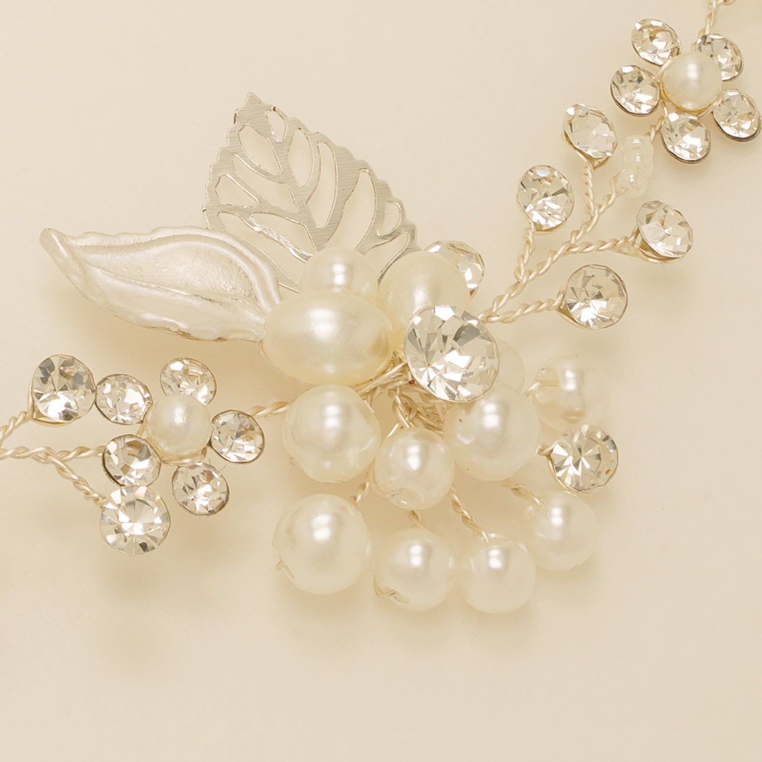 Vintage Leaves Pearls and Crystals Bridal Hair Vine / Silver