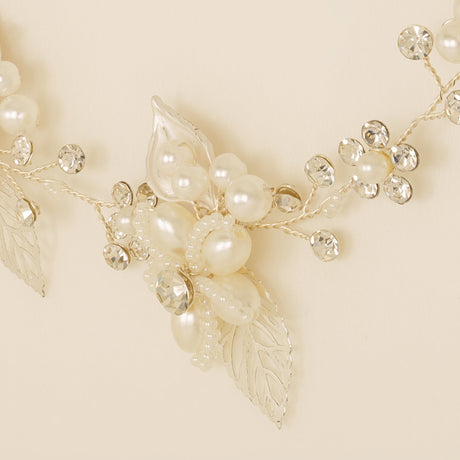 Vintage Leaves Pearls and Crystals Bridal Hair Vine / Silver