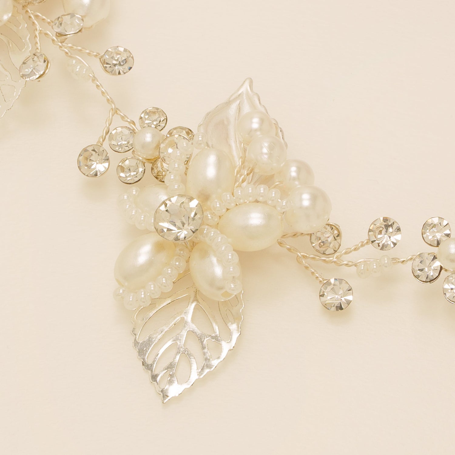 Vintage Leaves Pearls and Crystals Bridal Hair Vine / Silver