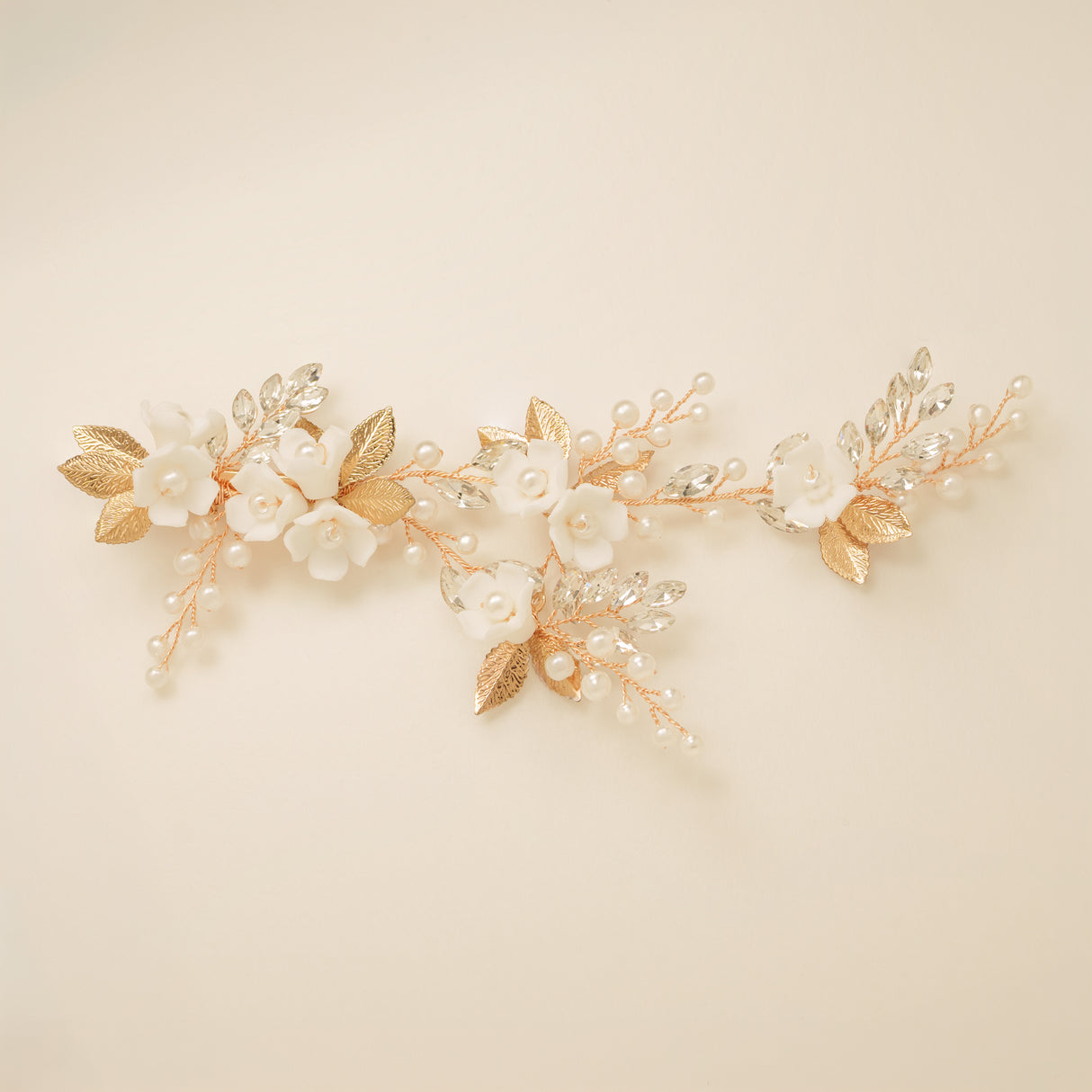 Kiki Crystal Pearl Leaves Flowers Wedding Hair Vine / Gold