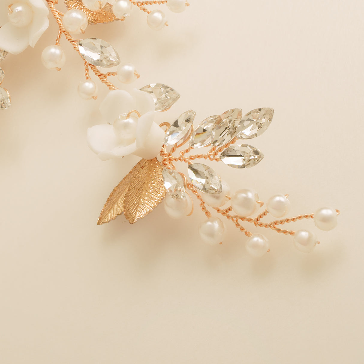 Kiki Crystal Pearl Leaves Flowers Wedding Hair Vine / Gold