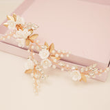 Kiki Crystal Pearl Leaves Flowers Wedding Hair Vine / Gold