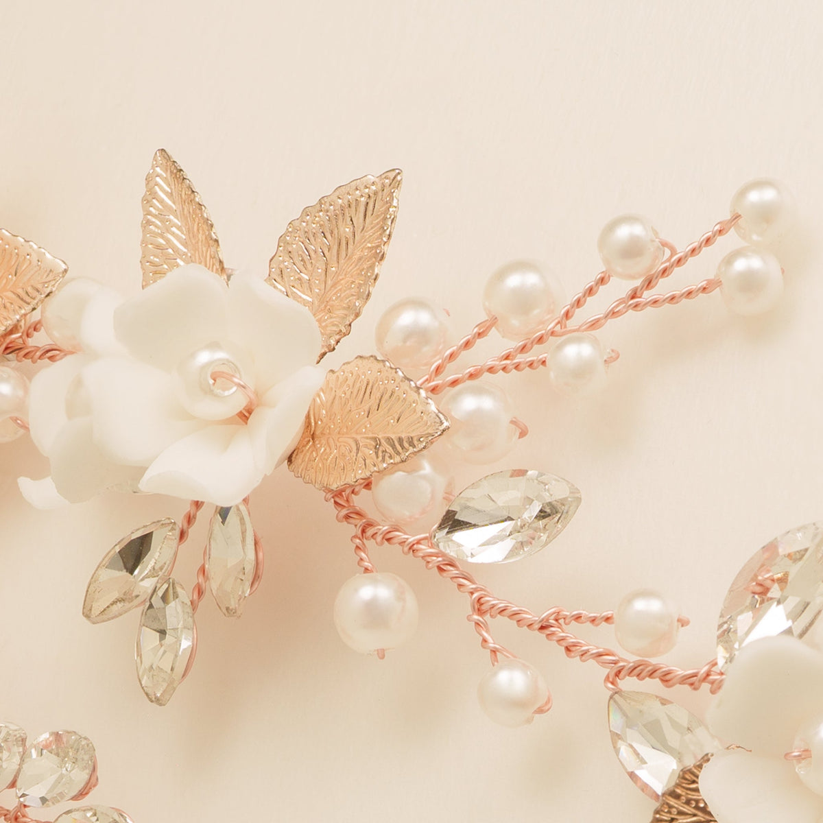 Kiki Crystal Pearl Leaves Flowers Wedding Hair Vine / Rose Gold