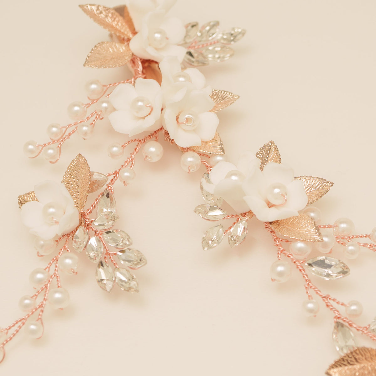Kiki Crystal Pearl Leaves Flowers Wedding Hair Vine / Rose Gold