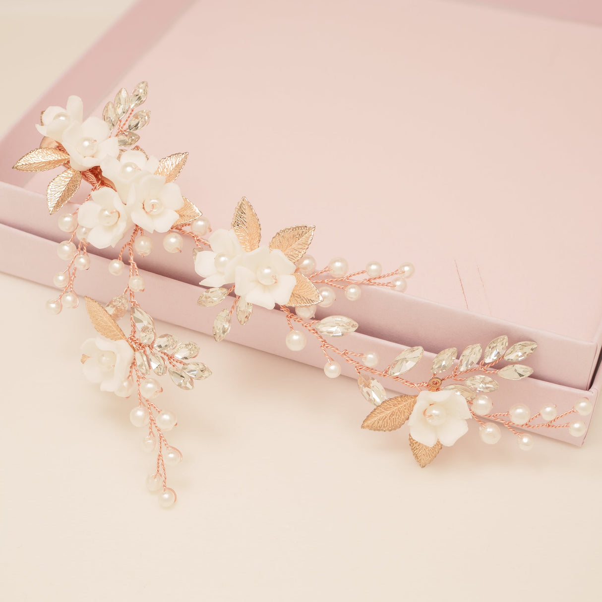 Kiki Crystal Pearl Leaves Flowers Wedding Hair Vine / Rose Gold