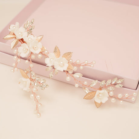 Kiki Crystal Pearl Leaves Flowers Wedding Hair Vine / Rose Gold