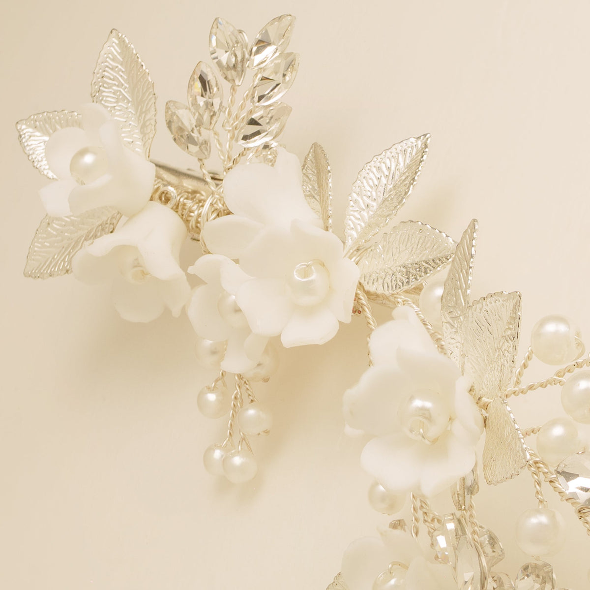Kiki Crystal Pearl Leaves Flowers Wedding Hair Vine / Silver