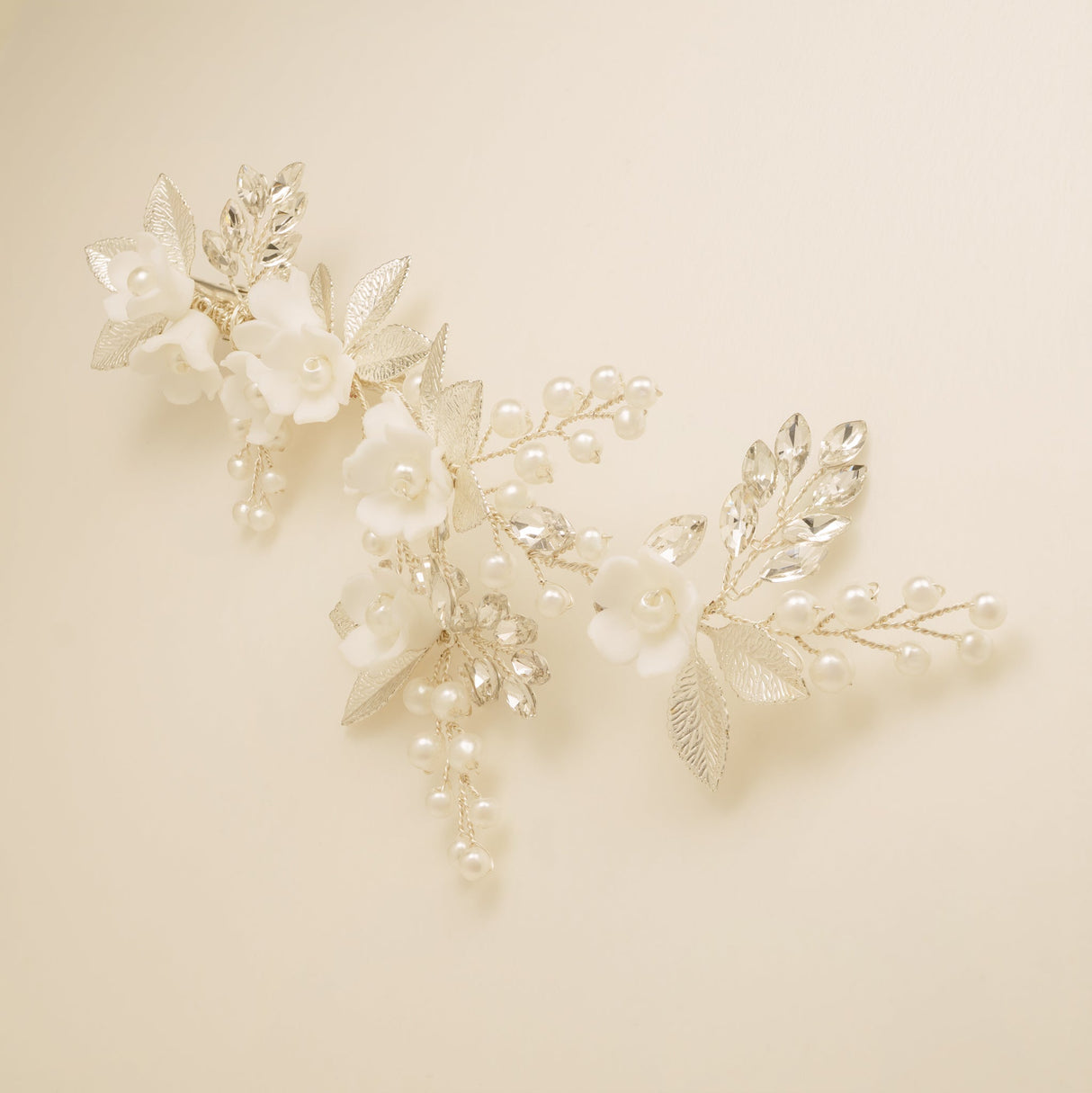 Kiki Crystal Pearl Leaves Flowers Wedding Hair Vine / Silver