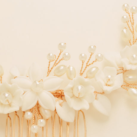 Ella Floral Ceramic Ivory Pearl Wedding Hair Comb / Gold