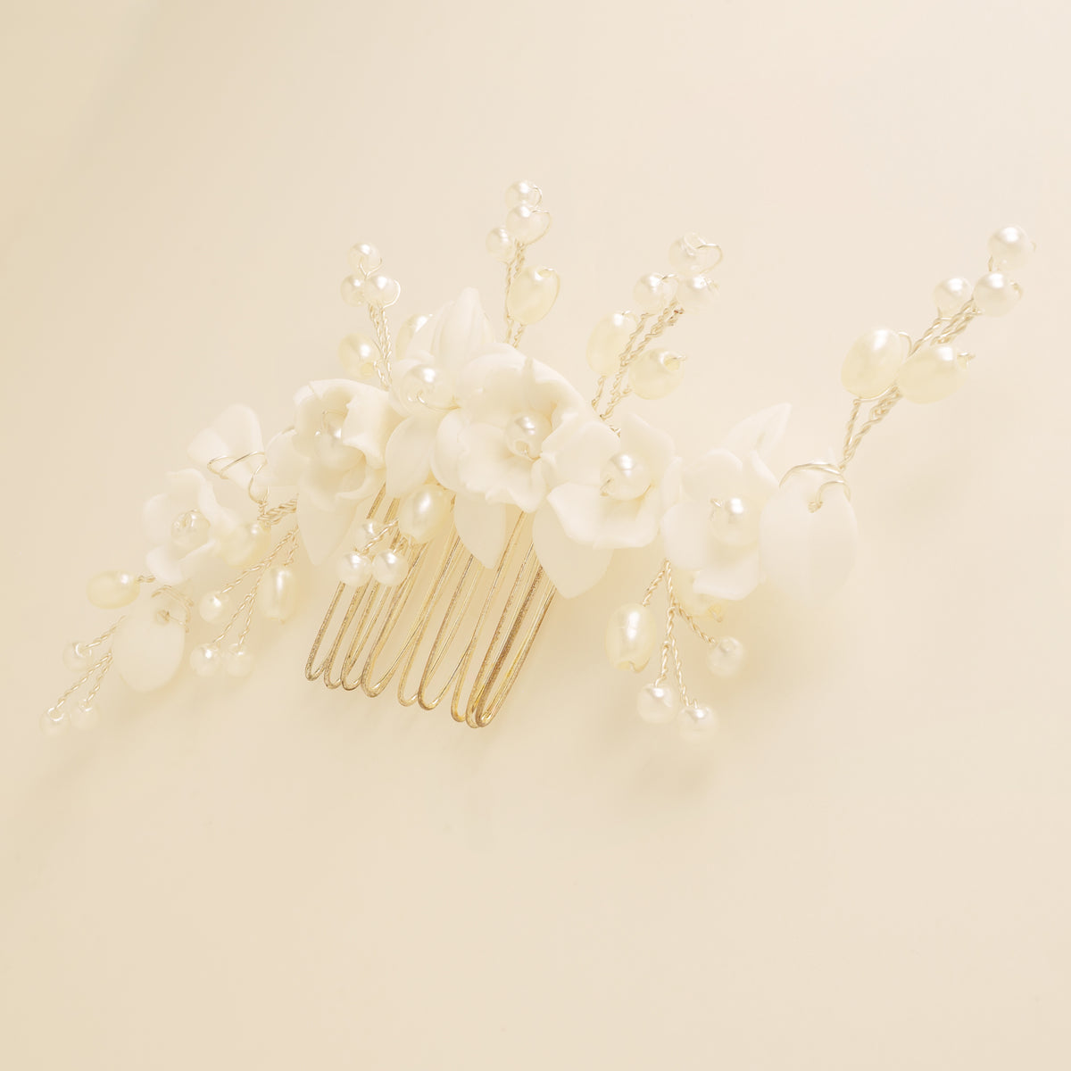 Ella Floral Ceramic Ivory Pearl Wedding Hair Comb / Silver