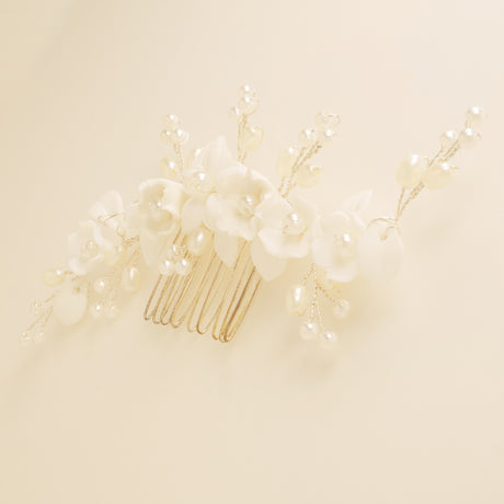 Ella Floral Ceramic Ivory Pearl Wedding Hair Comb / Silver