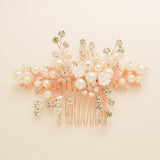 Gloria Leaves Pearl and Crystal Wedding Hair Comb / Rose Gold
