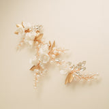 Kiki Crystal Pearl Leaves Flowers Wedding Hair Vine / Gold