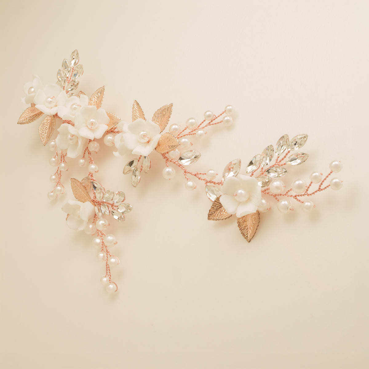 Kiki Crystal Pearl Leaves Flowers Wedding Hair Vine / Rose Gold