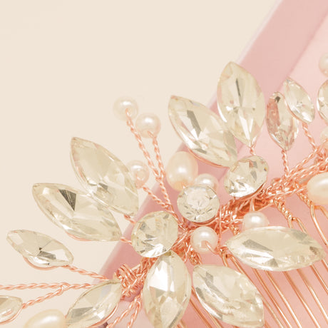 Sara Pearl and Crystal Wedding Hair Comb / Rose Gold