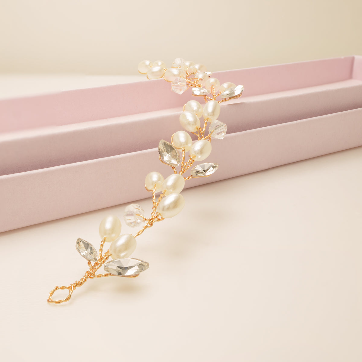 Tasha Short Pearl and Crystal Hair Vine in Gold