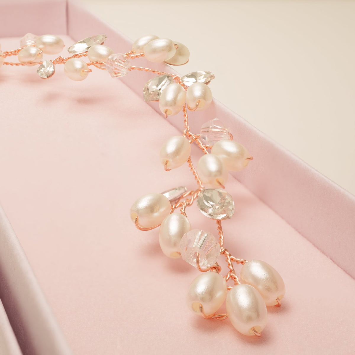 Tasha Short Pearl and Crystal Hair Vine in Rose Gold