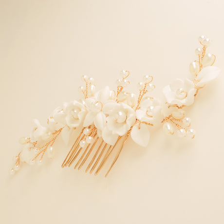 Ella Floral Ceramic Ivory Pearl Wedding Hair Comb / Gold
