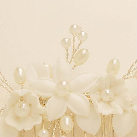 Ella Floral Ceramic Ivory Pearl Wedding Hair Comb / Silver