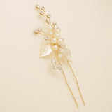 Millie Crystal and Pearl Wedding Hair Pin / Leaves / Gold