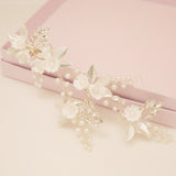 Kiki Crystal Pearl Leaves Flowers Wedding Hair Vine / Silver